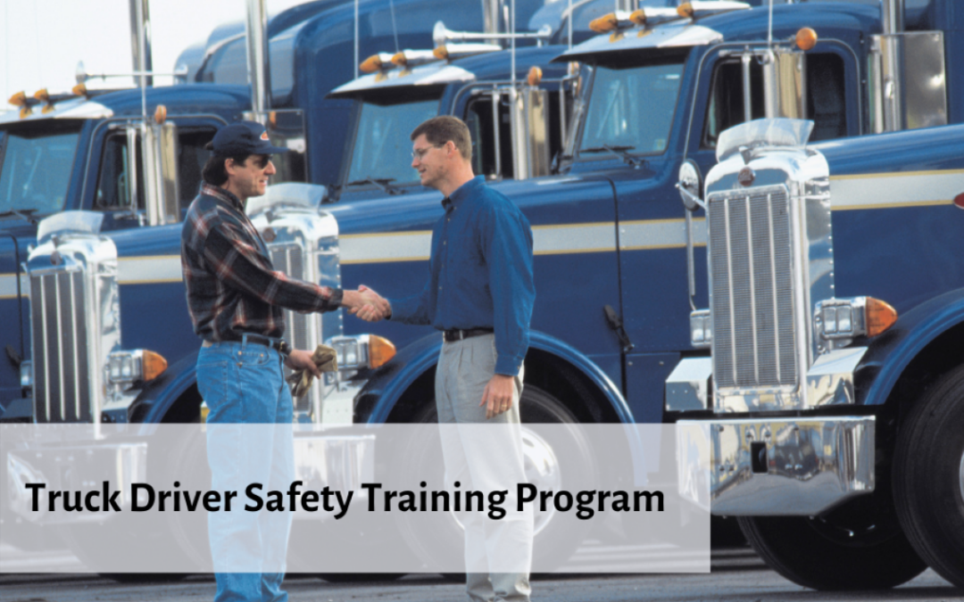 Two men shaking hands by semi trucks