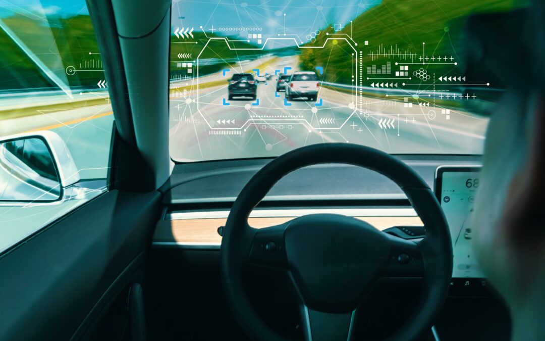 Semi truck windshield with computerized data showing Fleet Safety Analytics.